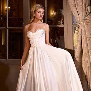 New Formal Sleeveless A-Line Satin Off White Wedding Gown w/ Lace Up Back 7481W
